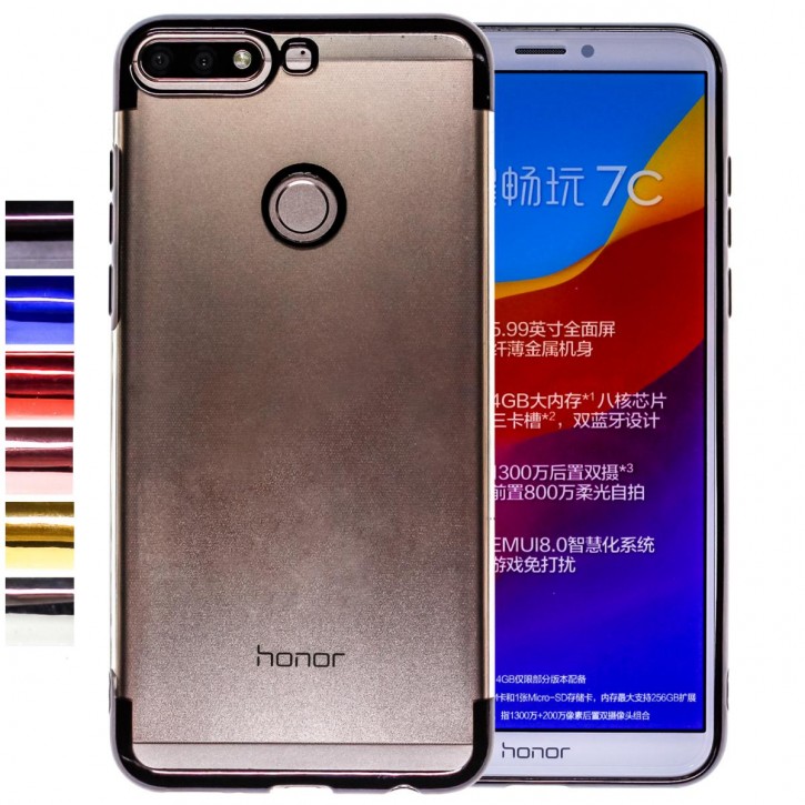 COOVY® Cover für Huawei Honor 7C leichtes, ultradünnes TPU Silikon Bumper Case, transparente Hülle, Chrom Rahmen | 