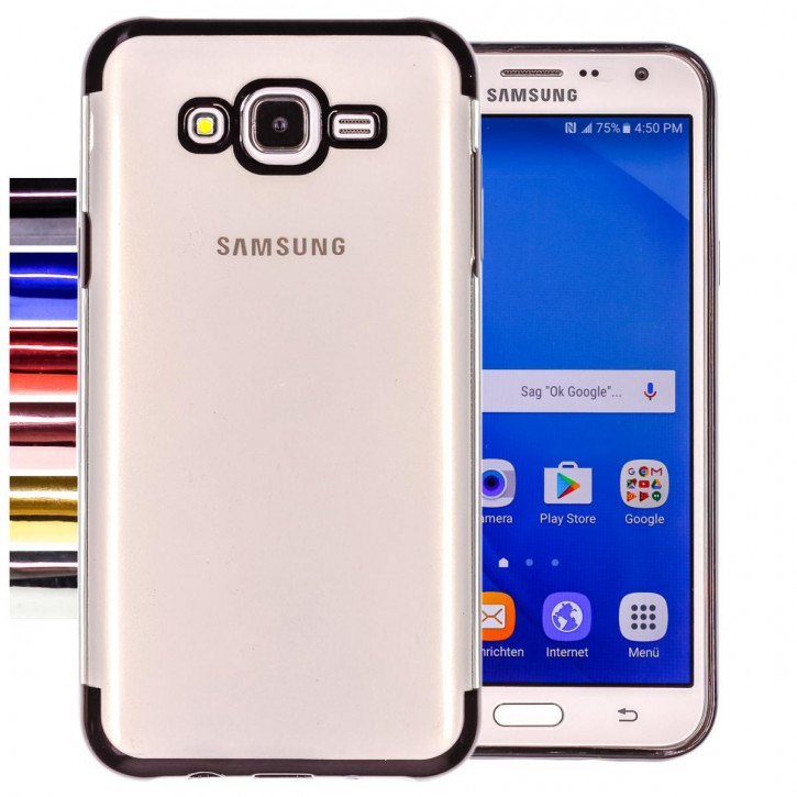 COOVY® Cover für Samsung Galaxy J7 SM-J700 / SM-J700F / SM-J700F/DS (Model 2015) leichtes, ultradünnes TPU Silikon Bumper Case, transparente Hülle, Chrom Rahmen | 