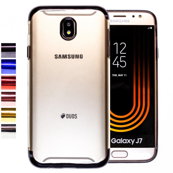 COOVY® Cover für Samsung Galaxy J7 SM-J730GM / SM-J730F/DS (Model 2017) / J7 pro  leichtes, ultradünnes TPU Silikon Bumper Case, transparente Hülle, Chrom Rahmen | 