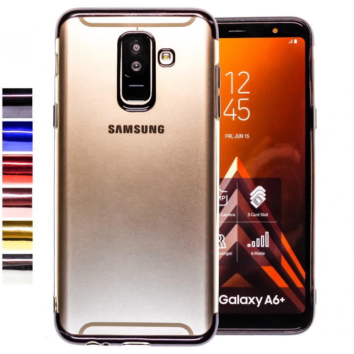 COOVY® Cover für Samsung Galaxy A6 + plus  SM-A605 / SM-A605F/DS (Model 2018) leichtes, ultradünnes TPU Silikon Bumper Case, transparente Hülle, Chrom Rahmen | 