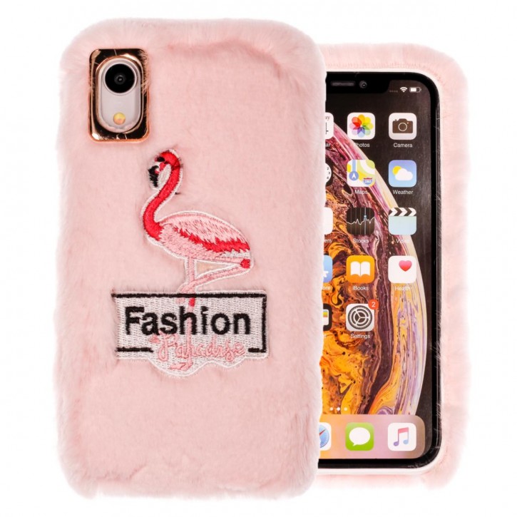 COOVY® Cover für Apple iPhone Xr leichtes TPU Bumper Case/Hülle mit flauschig kuscheligen Fell-Imitat und trendig gesticktem Flamingo-Motiv | 
