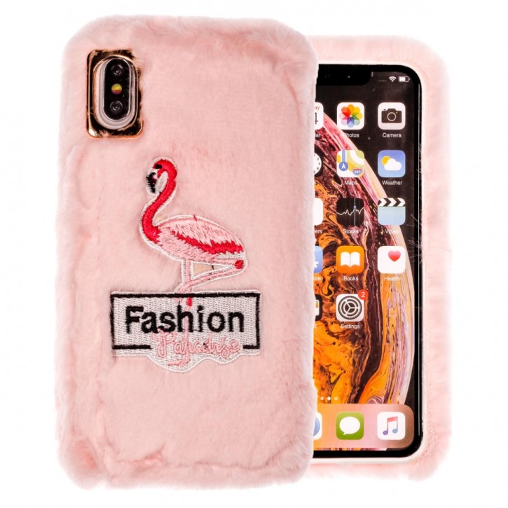 COOVY® Cover für Apple iPhone Xs Max leichtes TPU Bumper Case/Hülle mit flauschig kuscheligen Fell-Imitat und trendig gesticktem Flamingo-Motiv | 