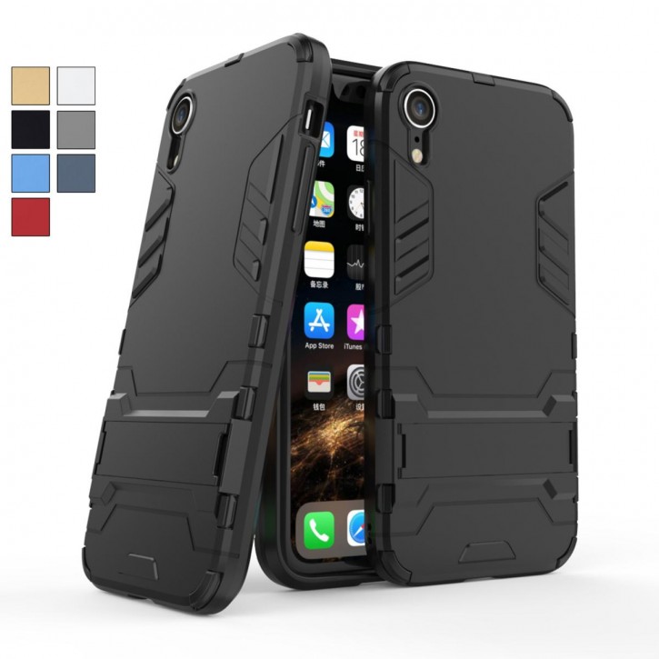 COOVY® Cover für Apple iPhone Xr Bumper Case, Doppelschicht aus Plastik + TPU-Silikon, extra stark, Anti-Shock Hülle, Standfunktion | 