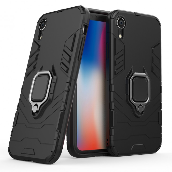 COOVY® Cover für Apple iPhone Xr Bumper Case, Plastik + TPU-Silikon, extra stark, Anti-Shock, Stand Funktion + Magnethalter kompatibel | 