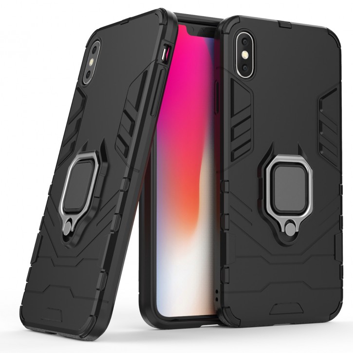 COOVY® Cover für Apple iPhone Xs Max Bumper Case, Plastik + TPU-Silikon, extra stark, Anti-Shock, Stand Funktion + Magnethalter kompatibel | 