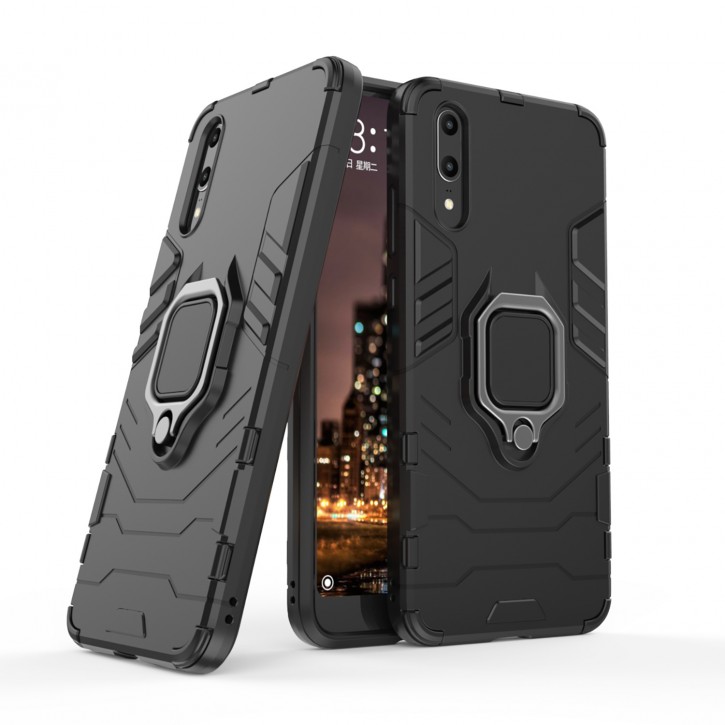 COOVY® Cover für Huawei P20 Bumper Case, Plastik + TPU-Silikon, extra stark, Anti-Shock, Stand Funktion + Magnethalter kompatibel | 