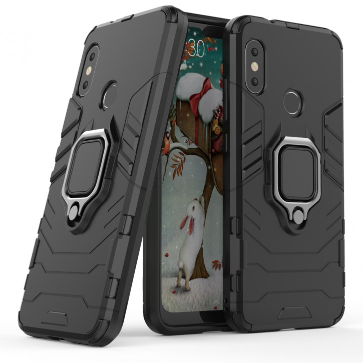 COOVY® Cover für Xiaomi Redmi Note 6 / Note 6 pro Bumper Case, Plastik + TPU-Silikon, extra stark, Anti-Shock, Stand Funktion + Magnethalter kompatibel | 