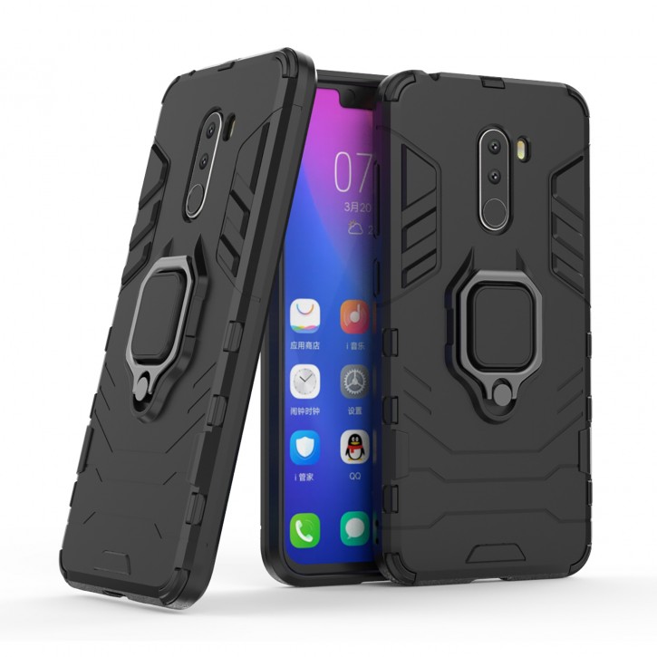 COOVY® Cover für Xiaomi Pocophone F1 Bumper Case, Plastik + TPU-Silikon, extra stark, Anti-Shock, Stand Funktion + Magnethalter kompatibel | 