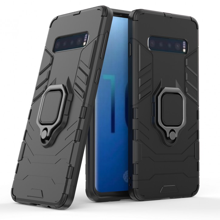 COOVY® Cover für Samsung Galaxy S10 SM-G973F Bumper Case, Plastik + TPU-Silikon, extra stark, Anti-Shock, Stand Funktion + Magnethalter kompatibel | 