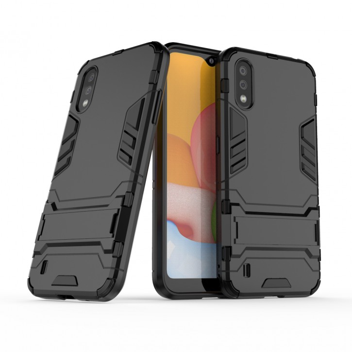 COOVY® Cover für Samsung Galaxy A01 SM-A015F/DS Bumper Case, Doppelschicht aus Plastik + TPU-Silikon, extra stark, Anti-Shock Hülle, Standfunktion | 
