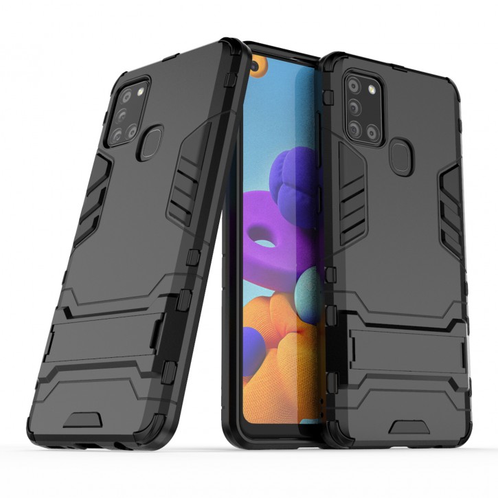 COOVY® Cover für Samsung Galaxy A21s SM-A217F/DS Bumper Case, Doppelschicht aus Plastik + TPU-Silikon, extra stark, Anti-Shock Hülle, Standfunktion | 