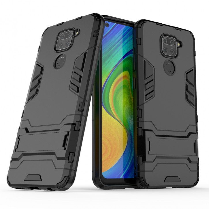 COOVY® Cover für Xiaomi Redmi Note 9 Bumper Case, Doppelschicht aus Plastik + TPU-Silikon, extra stark, Anti-Shock Hülle, Standfunktion | 
