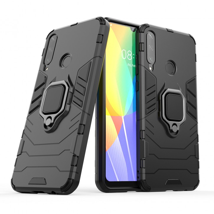 COOVY® Cover für Huawei Y6p Bumper Case, Plastik + TPU-Silikon, extra stark, Anti-Shock, Stand Funktion + Magnethalter kompatibel | 