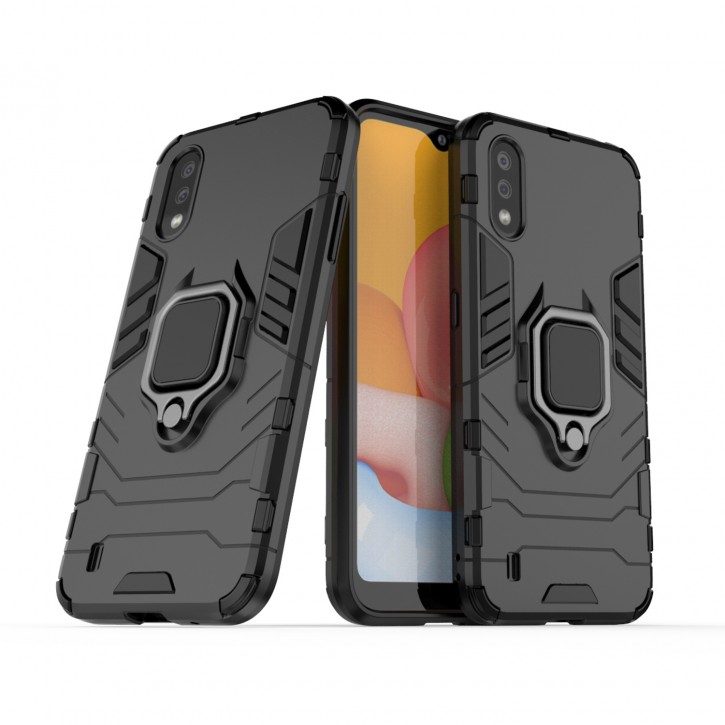 COOVY® Cover für Samsung Galaxy A01 SM-A015F/DS Bumper Case, Plastik + TPU-Silikon, extra stark, Anti-Shock, Stand Funktion + Magnethalter kompatibel | 
