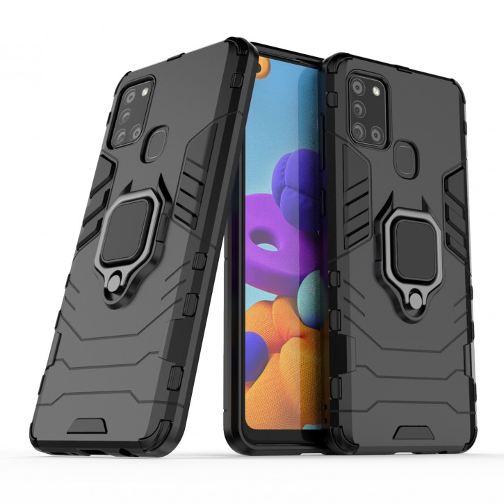 COOVY® Cover für Samsung Galaxy A21s SM-A217F/DS Bumper Case, Plastik + TPU-Silikon, extra stark, Anti-Shock, Stand Funktion + Magnethalter kompatibel | 
