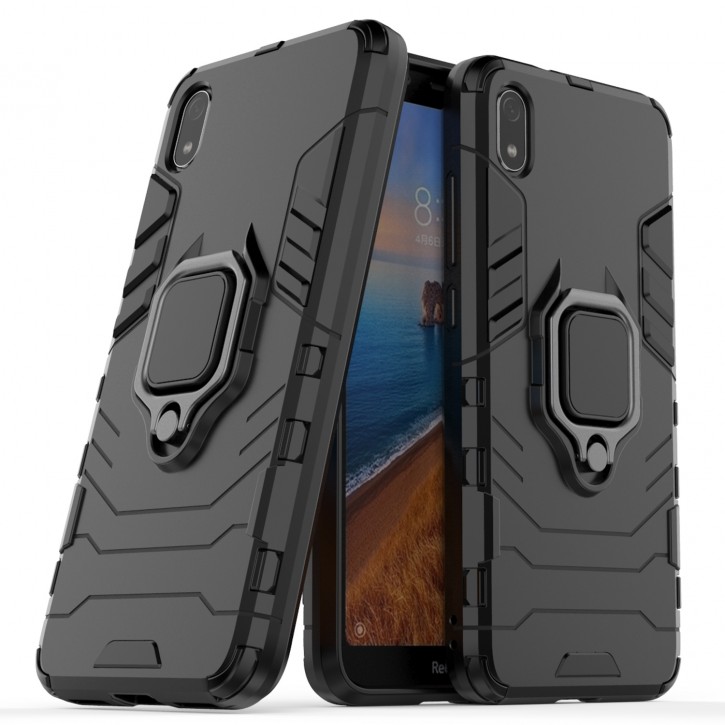 COOVY® Cover für Xiaomi Redmi 7a Bumper Case, Plastik + TPU-Silikon, extra stark, Anti-Shock, Stand Funktion + Magnethalter kompatibel | 