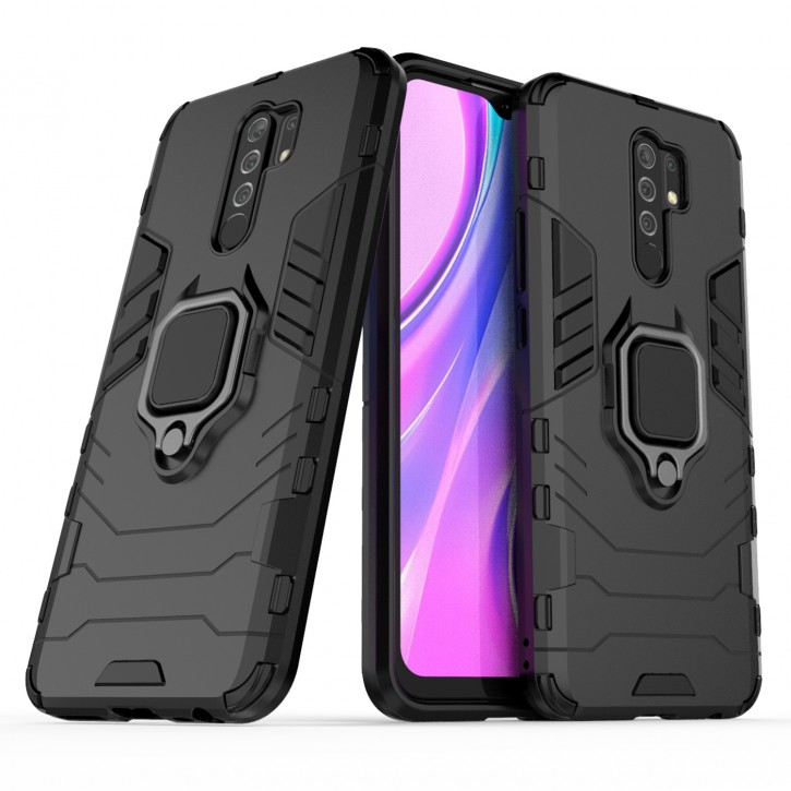 COOVY® Cover für Xiaomi Redmi 9 Bumper Case, Plastik + TPU-Silikon, extra stark, Anti-Shock, Stand Funktion + Magnethalter kompatibel | 