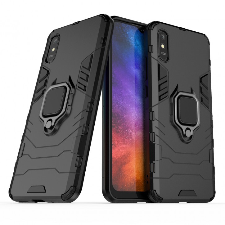COOVY® Cover für Xiaomi Redmi 9A Bumper Case, Plastik + TPU-Silikon, extra stark, Anti-Shock, Stand Funktion + Magnethalter kompatibel | 