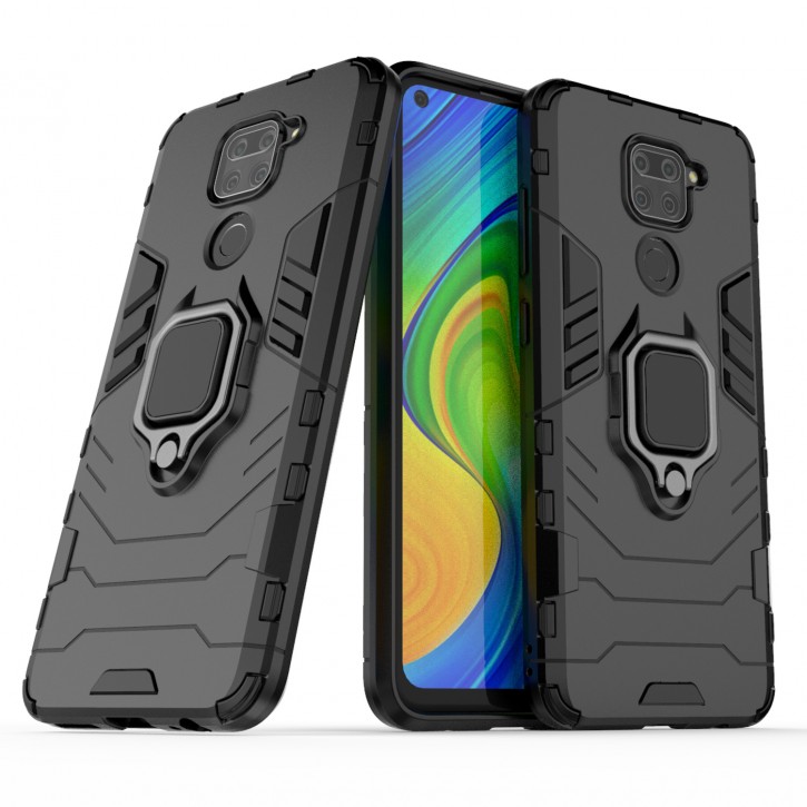 COOVY® Cover für Xiaomi Redmi Note 9 Bumper Case, Plastik + TPU-Silikon, extra stark, Anti-Shock, Stand Funktion + Magnethalter kompatibel | 