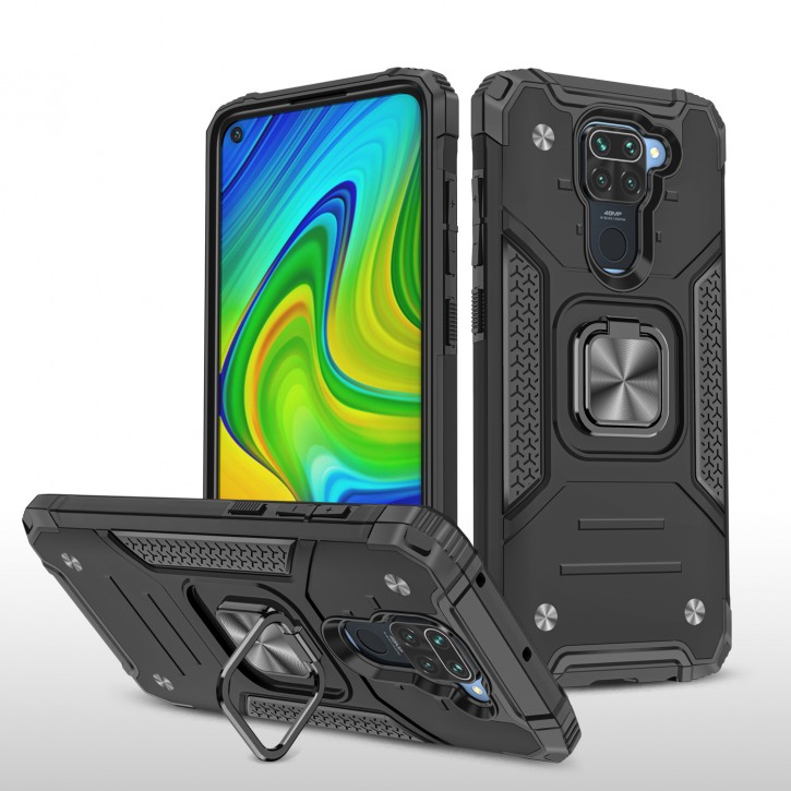 COOVY® Cover für Xiaomi Redmi Note 9 Hülle Case PC + TPU-Silikon, extra stark, Anti-Shock, Stand Funktion + Haltering + Magnethalter kompatibel | 