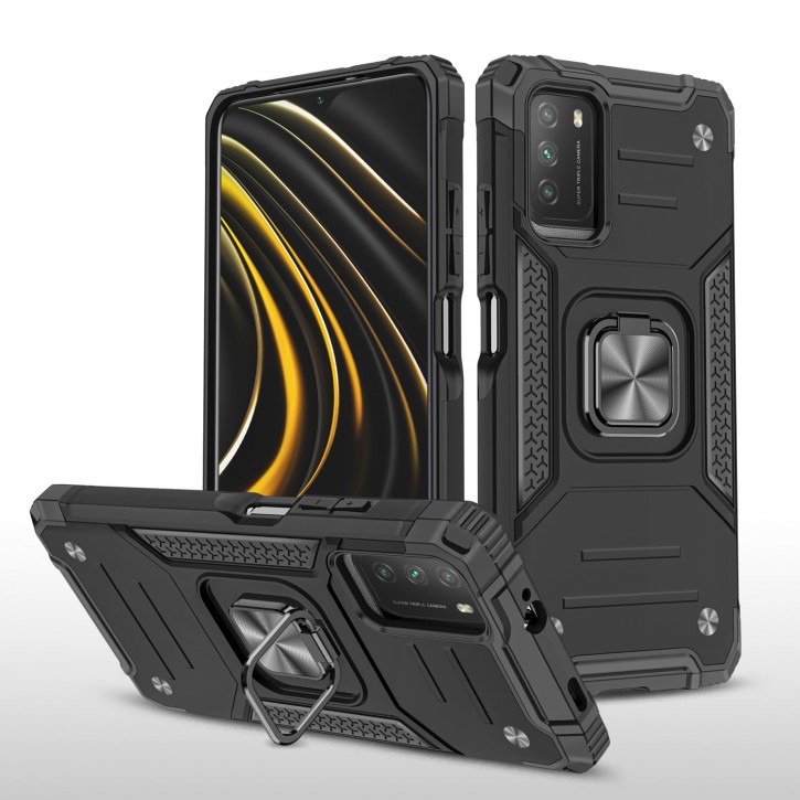 COOVY® Cover für Xiaomi Poco M3 Hülle Case PC + TPU-Silikon, extra stark, Anti-Shock, Stand Funktion + Haltering + Magnethalter kompatibel | 