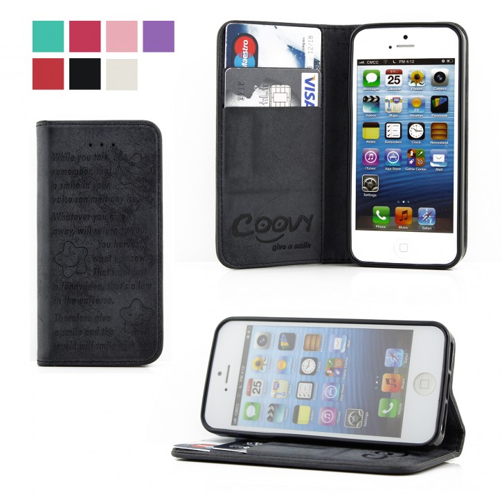 COOVY® Cover für Apple iPhone 5 / 5s / SE Case Hülle Wallet Schutz Etui mit Kartenfach, Standfunktion + Schutzfolie - Design Smile | 