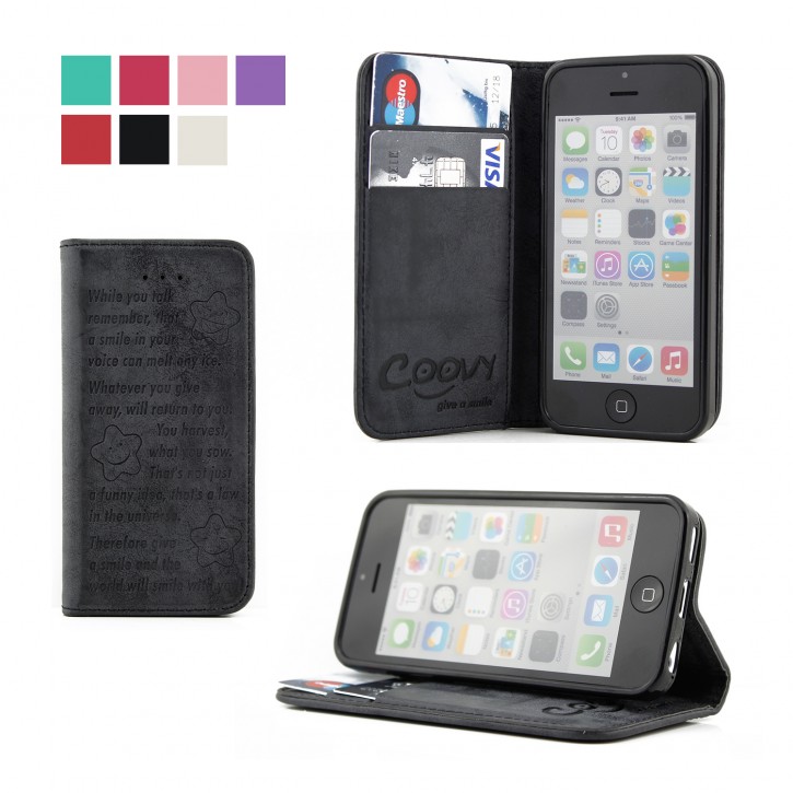 COOVY® Cover für Apple iPhone 5c Case Hülle Wallet Schutz Etui mit Kartenfach, Standfunktion + Schutzfolie - Design Smile | 