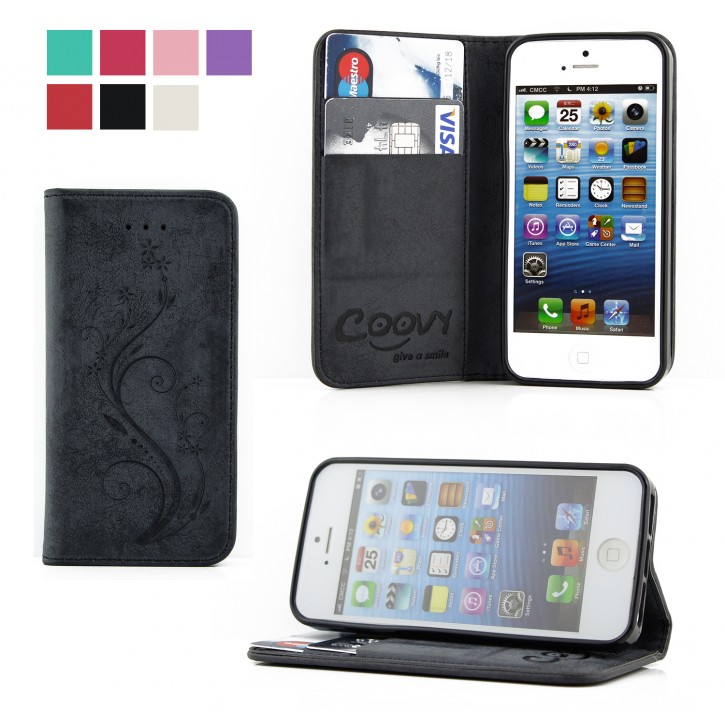 COOVY® Cover für Apple iPhone 5 / 5s / SE Case Hülle Wallet Schutz Etui mit Kartenfach, Standfunktion + Schutzfolie - Design Blume | 