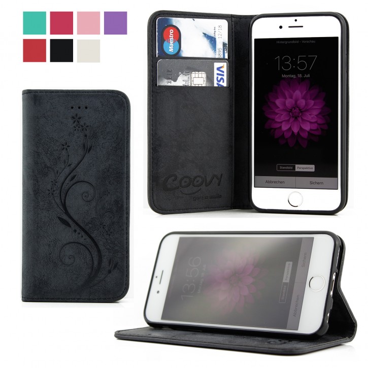 COOVY® Cover für Apple iPhone 6 / 6s Case Hülle Wallet Schutz Etui mit Kartenfach, Standfunktion + Schutzfolie - Design Blume | 