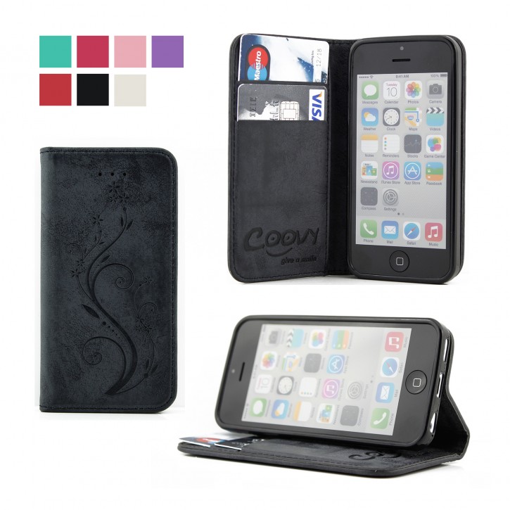 COOVY® Cover für Apple iPhone 5c Case Hülle Wallet Schutz Etui mit Kartenfach, Standfunktion + Schutzfolie - Design Blume | 