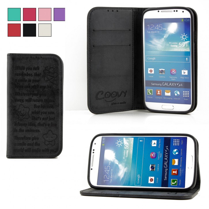 COOVY® Cover für Samsung Galaxy S4 GT-i9500 GT-i9505 GT-i9506 Case Hülle Wallet Schutz Etui mit Kartenfach, Standfunktion + Schutzfolie - Design Smile | 