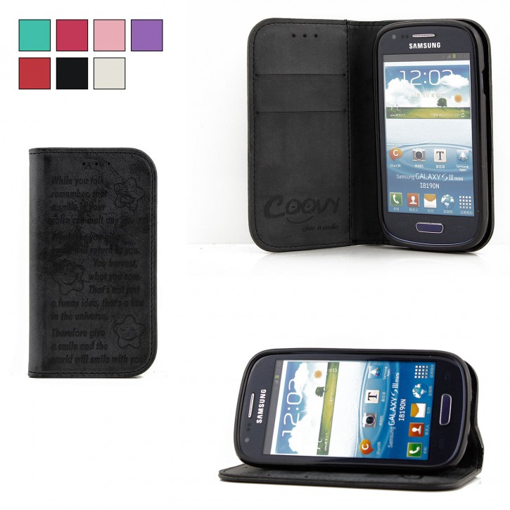 COOVY® Cover für Samsung Galaxy S3 MINI GT-i8200 GT-i8190 GT-i8195 Case Hülle Wallet Schutz Etui mit Kartenfach, Standfunktion + Schutzfolie - Design Smile | 
