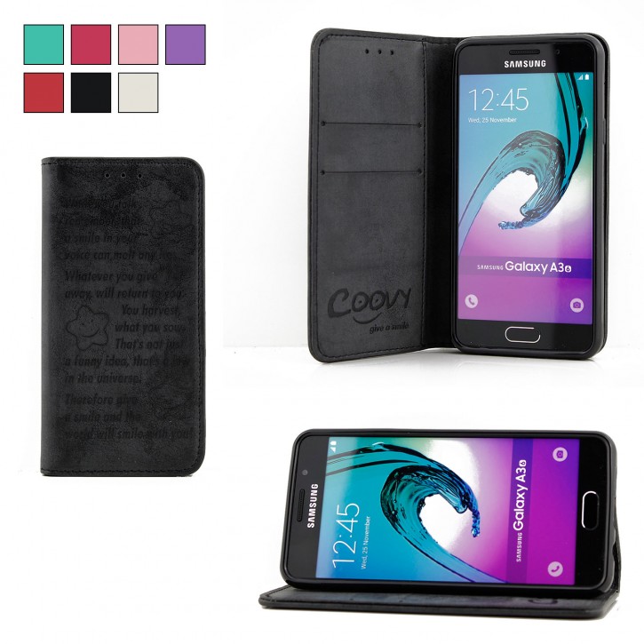 COOVY® Cover für Samsung Galaxy A3 SM-A310 / SM-A310F (Model 2016) Case Hülle Wallet Schutz Etui mit Kartenfach, Standfunktion + Schutzfolie - Design Smile | 