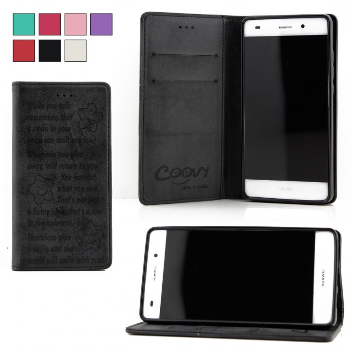 COOVY® Cover für Huawei P8 lite (Model 2015) Case Hülle Wallet Schutz Etui mit Kartenfach, Standfunktion + Schutzfolie - Design Smile | 