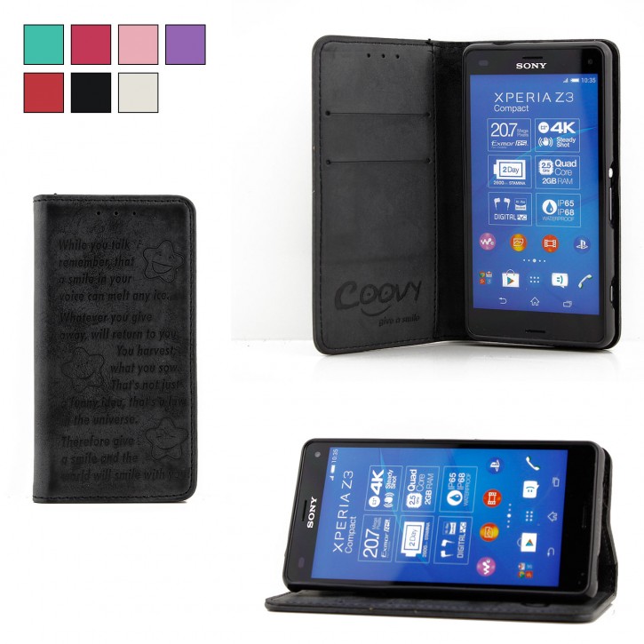COOVY® Cover für Sony Xperia Z3 Compact D5803 D5833 Case Hülle Wallet Schutz Etui mit Kartenfach, Standfunktion + Schutzfolie - Design Smile | 
