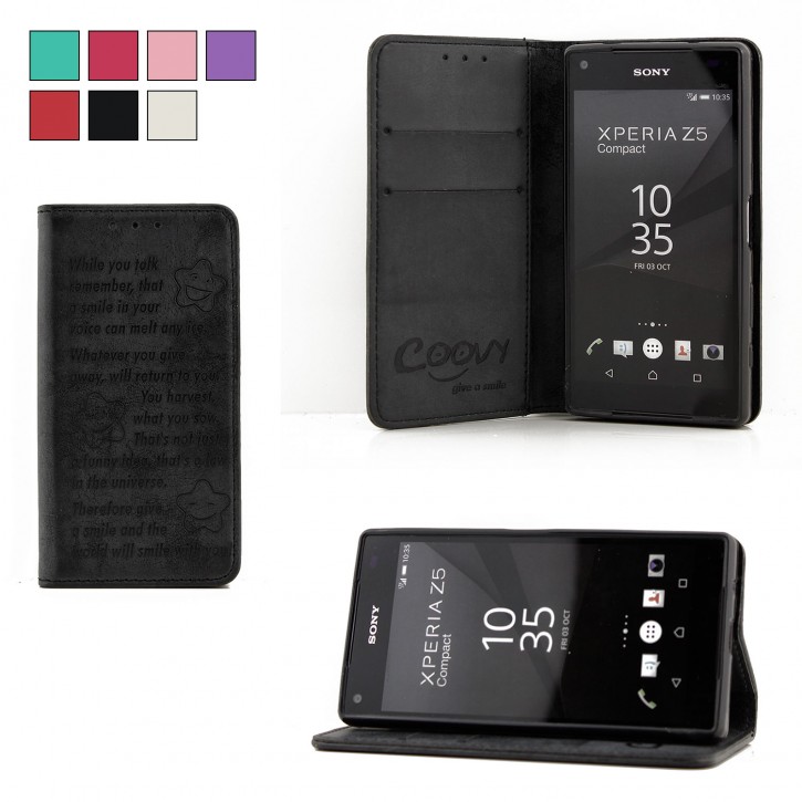 COOVY® Cover für Sony Xperia Z5 Compact Case Hülle Wallet Schutz Etui mit Kartenfach, Standfunktion + Schutzfolie - Design Smile | 