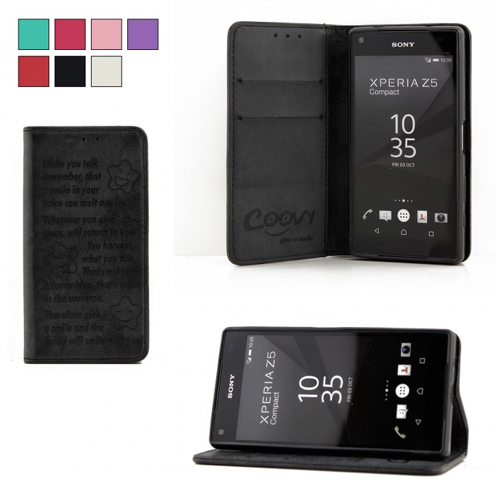 COOVY® Cover für Sony Xperia Z5 Compact Case Hülle Wallet Schutz Etui mit Kartenfach, Standfunktion + Schutzfolie - Design Smile | 