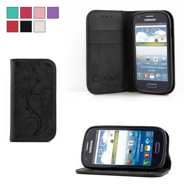 COOVY® Cover für Samsung Galaxy S3 MINI GT-i8200 GT-i8190 GT-i8195 Case Hülle Wallet Schutz Etui mit Kartenfach, Standfunktion + Schutzfolie - Design Blume | 