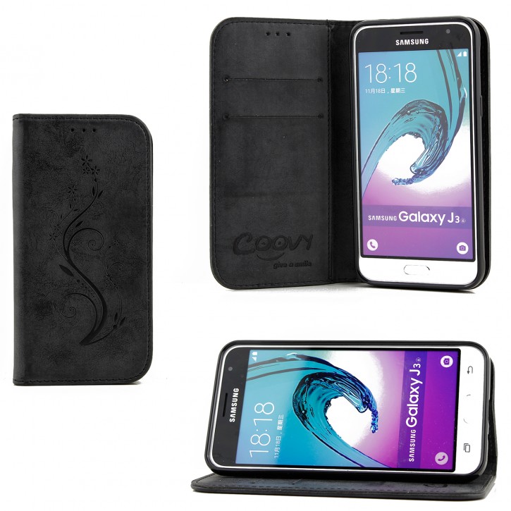 COOVY® Cover für Samsung Galaxy J3 SM-J310 SM-J320 (Model 2015 / 2016) Case Hülle Wallet Schutz Etui mit Kartenfach, Standfunktion + Schutzfolie - Design Blume | 