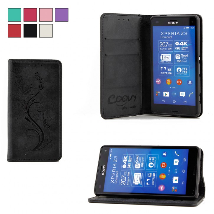 COOVY® Cover für Sony Xperia Z3 Compact D5803 D5833 Case Hülle Wallet Schutz Etui mit Kartenfach, Standfunktion + Schutzfolie - Design Blume | 