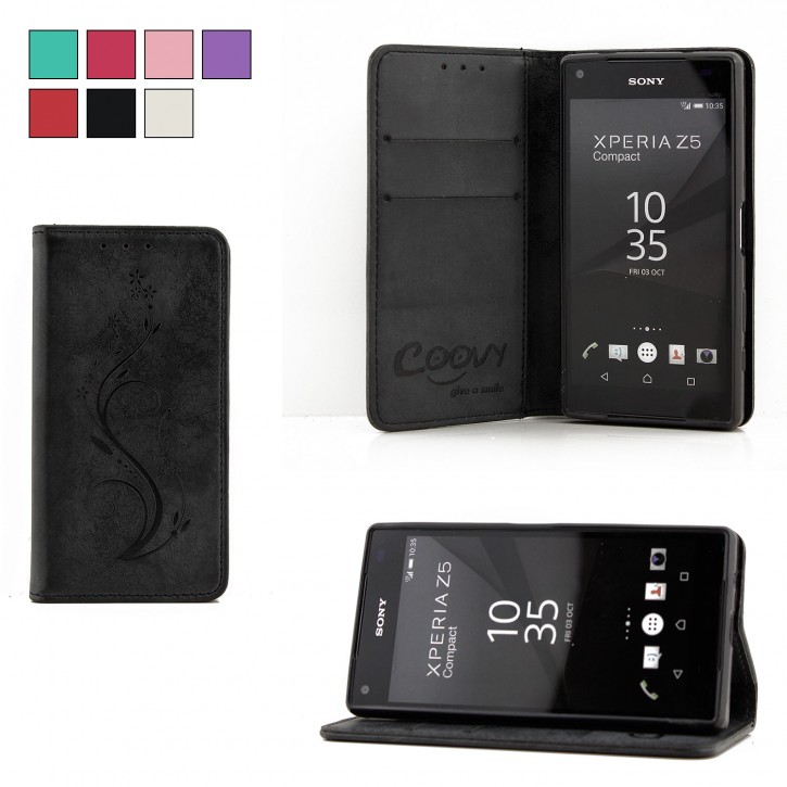 COOVY® Cover für Sony Xperia Z5 Compact Case Hülle Wallet Schutz Etui mit Kartenfach, Standfunktion + Schutzfolie - Design Blume | 